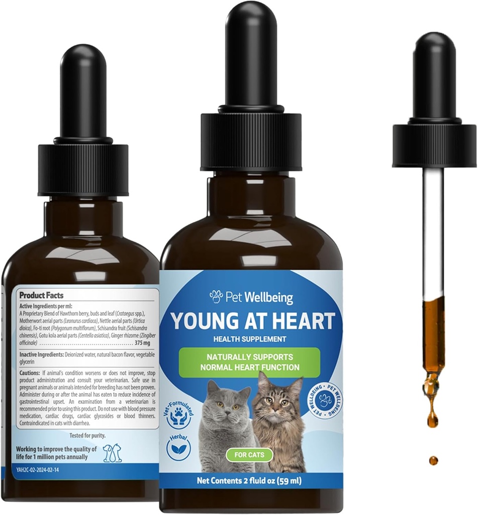 Pet Wellbeing Young at Heart for Cats - Vet- Formulated - Heart Health, Circulatory & Cardiovaskulære System, Hawthorn, Motherwort, Schisandra - Urtetilskud 2 oz (59 ml)