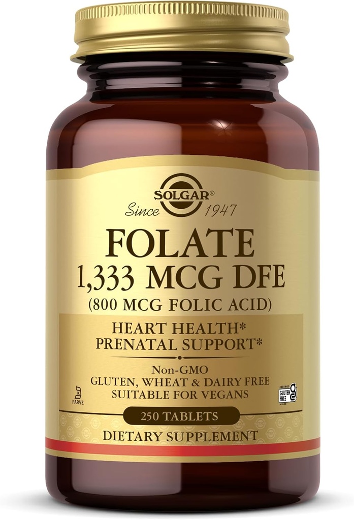 Solgar Folate 1,333 mcg DFE (Folinsyre 800 mcg) - 250 tabletter - Prenatal Support - Non- GMO, Vegan, Gluten Free, Dairy Free, Kosher - 250 Servere