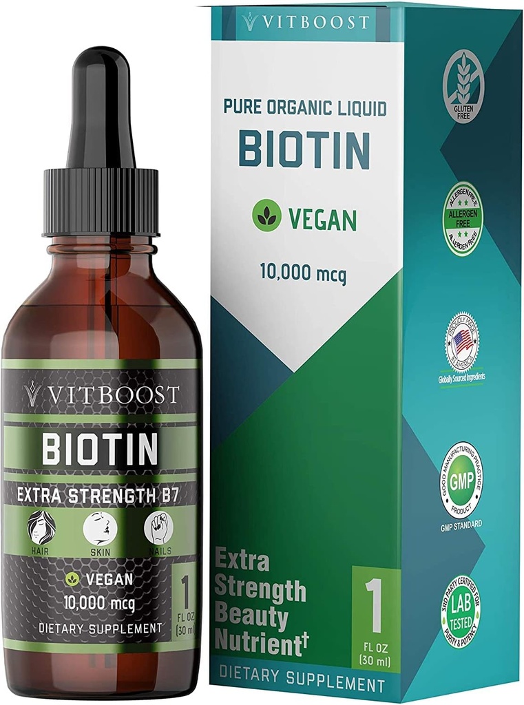 Ekstra styrke 10,000mcg biotin flydende dråber med Økologisk Berry Flavor • 124; 60 Servering • 124; Vegan Formel støtter hårvækst, stærke negle, sunde hud • 124; NO Kunstige Preservativer