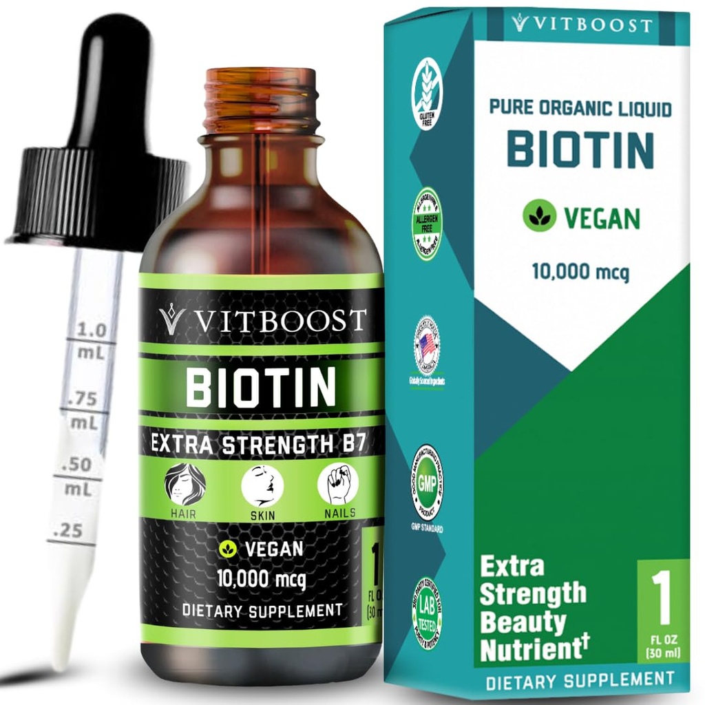 Ekstra styrke 10,000mcg biotin flydende dråber med Økologisk Berry Flavor • 124; 60 Servering • 124; Vegan Formel støtter hårvækst, stærke negle, sunde hud • 124; NO Kunstige Preservativer
