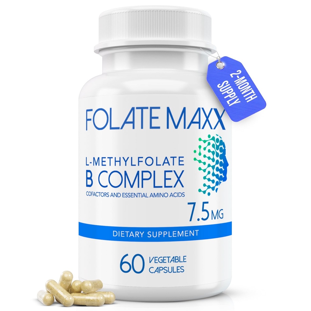 L- Methylfolat + B12 Methylcobalamin & B6 Blend (7, 5 mg) - 60 kapsler - Active B- Complex with Cofaktors & Essential Aminoacids - Non GMO, Gluten Free, No Fillers