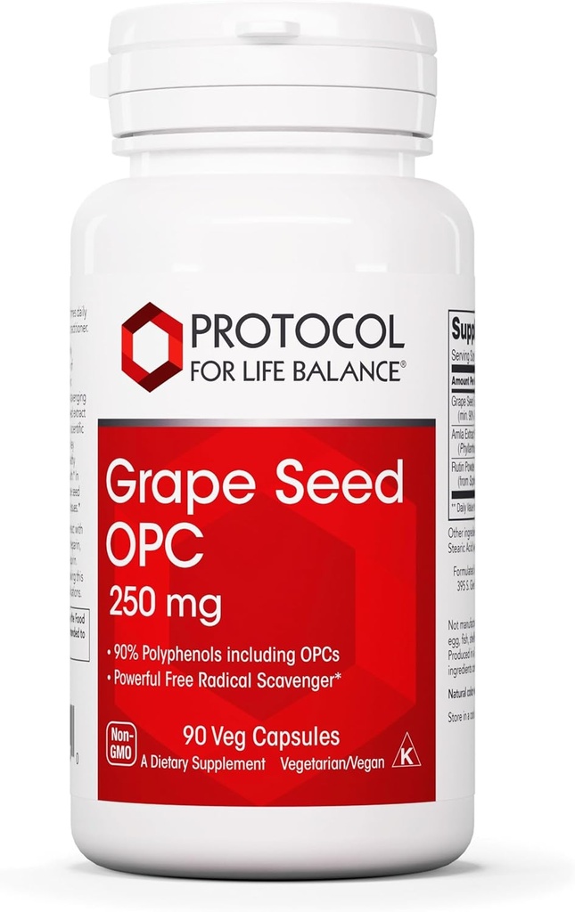 PROTOKOL FOR LIV BALANCE Grape Seed OPC - 250 mg - 90% polyphenoler - med Rutin & Amla Fruit Extract - Grape Seed Capsule - Non- GMO & Kosher - 90 Veg Caps