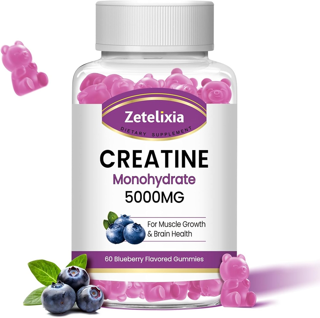 Creatine monohydrat Gummies 5g til mænd og kvinder, Chewables Creatine monohydrat til muskel styrke & muskel builder, B12-vitamin til energistøtte, non-GMO, blåbær flavor, 60 Greve