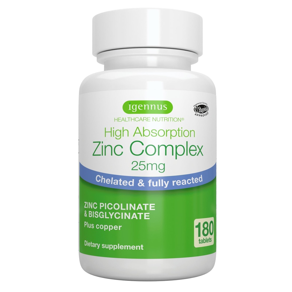 Igennus Clean Chelated Zink 25mg med kobber, Fuldt Reaged Picolinate & Bisglycinate, High Absorption Complex, Supplement for kvinder & mænd, Lab Verified, Non- GMO, Immunum & Skin Support, 6 Måned Supply