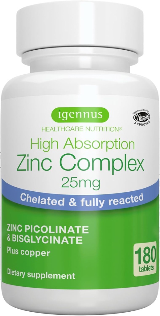 Igennus Clean Chelated Zink 25mg med kobber, Picolinate & Bisglycinate, High Absorption Complex, Supplement for kvinder & mænd, Lab Verified, Non- GMO, immunforsvar & hud, 180 tabletter 6 måneder Supply