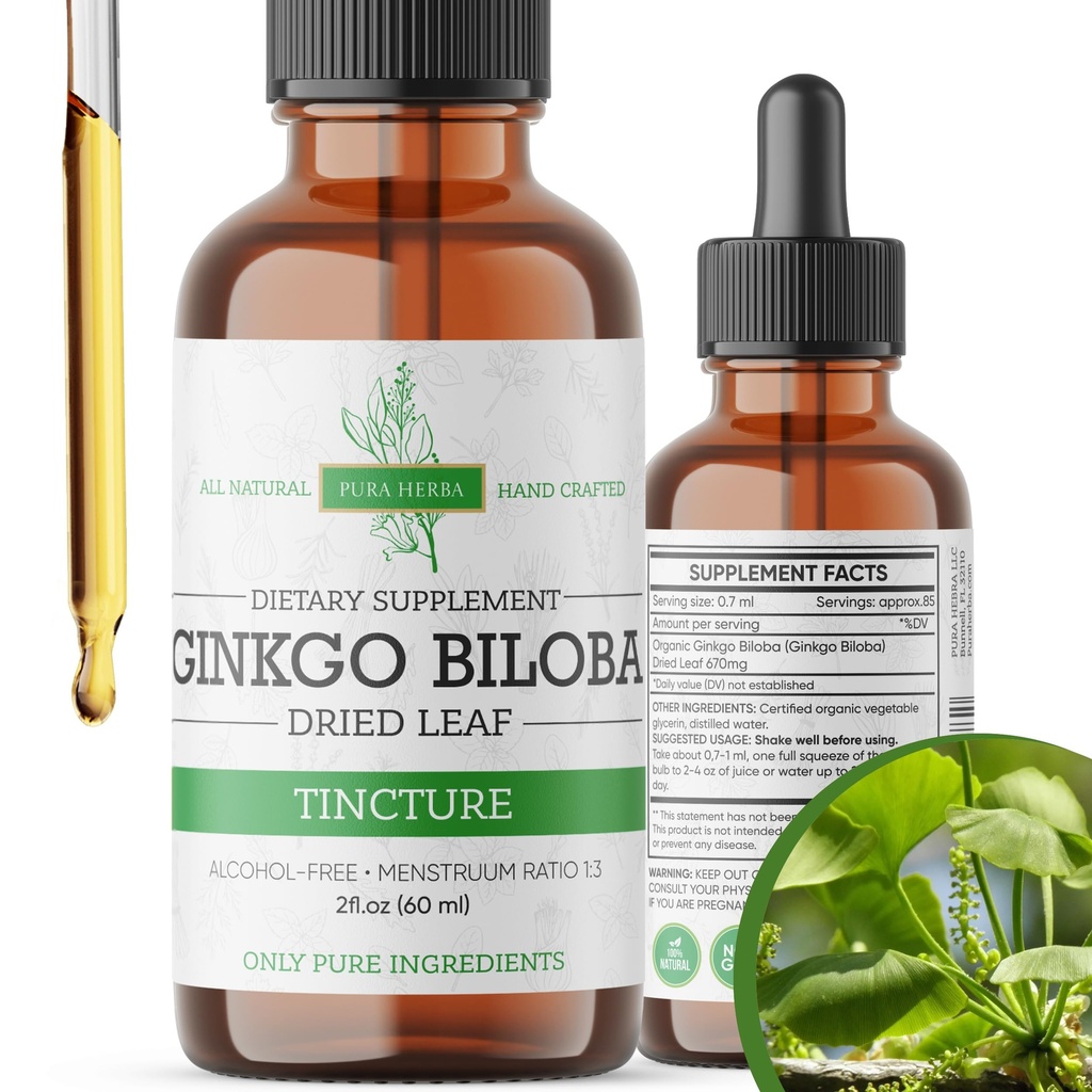 Ginkgo Biloba Extract Liquid 2 Fl Oz, Kosttilskud til hjernefunktion og hukommelse, Alkoholfri, Vegan - 2 Fl Oz
