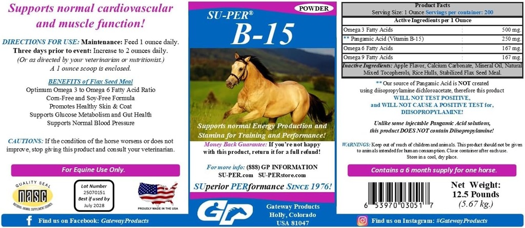 SU-PER B-15 Vitamin Supplement for Horses - Equine Vitamin B-15 Powder for Performance Support - 12.5 Pounds, 6 Month Supply