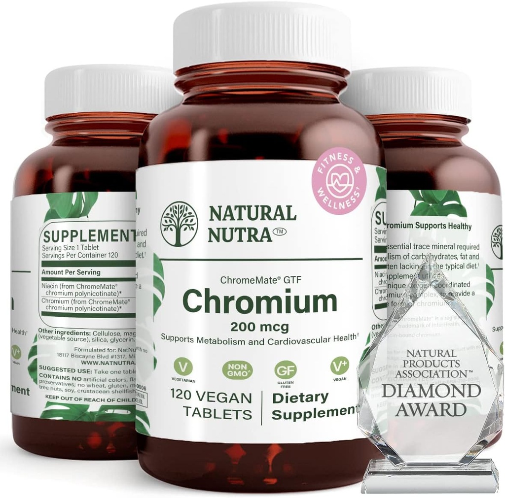 Naturlig Nutra GTF Chrom Polynicotinat med ChromeMate, understøtter Body Metabolisme, Support Heart Health, Opretholde Body Fat Niveau, Forbedre fordøjelsen, Kardiovaskulær Sundhed, 200 mcg, 120 Vegan tabletter