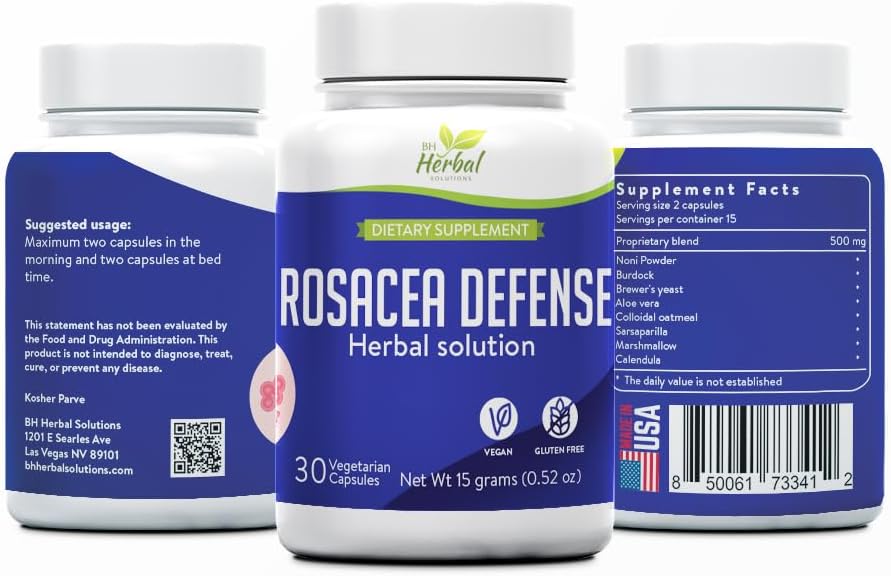 Rosacea Defense - Urte supplement til hudrødme og følsomhed - Understøtter rolig, Balanceret Kompleksion - 100% naturlige ingredienser