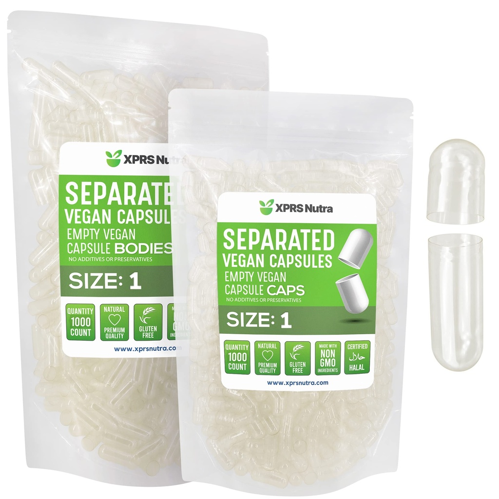 XPRS Nutra Vegan Størrelse 1 Separated Kapsler - 1000 Count Clear Premium Tomme Kapsler Separeret i poser - Piller 1 for DIY Supplement Fyldning
