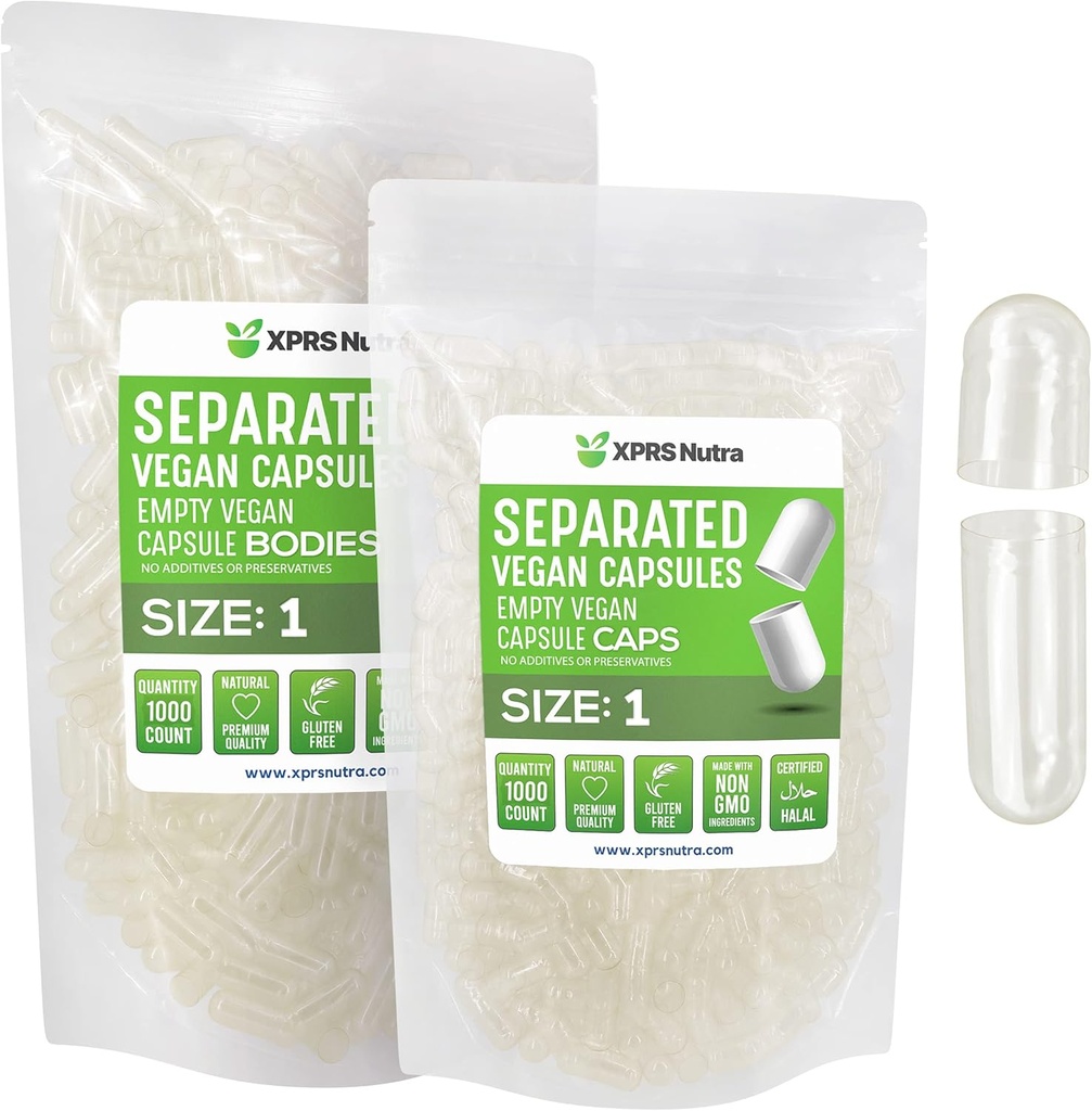 XPRS Nutra Vegan Størrelse 1 Separated Kapsler - 1000 Count Clear Premium Tomme Kapsler Separeret i poser - Piller 1 for DIY Supplement Fyldning