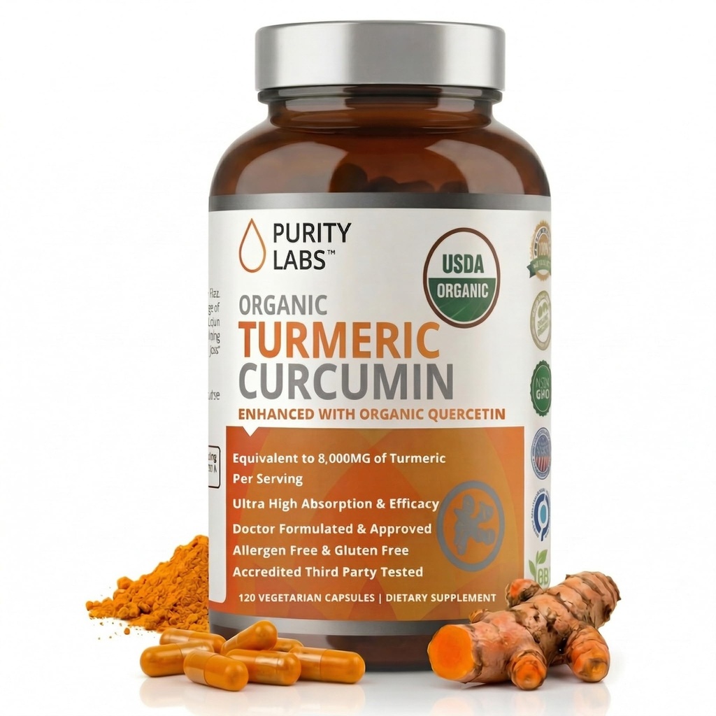 Renhed Labs Økologisk gurkemeje Curcumin Supplement til Piperine 2,250 MG / Servering Note 124; 95% Curcuminoids Gurkemeje Kosttilskud, Antioxidant fælles smertelindring, Muscle & Brain Support