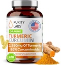 Renhed Labs Økologisk gurkemeje Curcumin Supplement til Piperine 2,250 MG / Servering Note 124; 95% Curcuminoids Gurkemeje Kosttilskud, Antioxidant fælles smertelindring, Muscle & Brain Support
