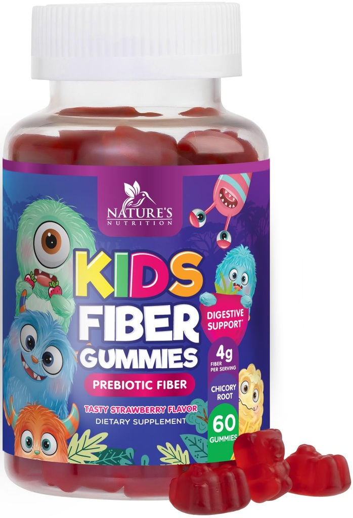 Fiber Gummies for Kids, Daily 4g Gummy Fiber Supplement, Prebiotic fordøjelsessygdomme support - Nature 's Plant Based Opløselig Fiber, Understøtter Regularitet & fordøjelse for Kids Non- GMO - 60 Gummies