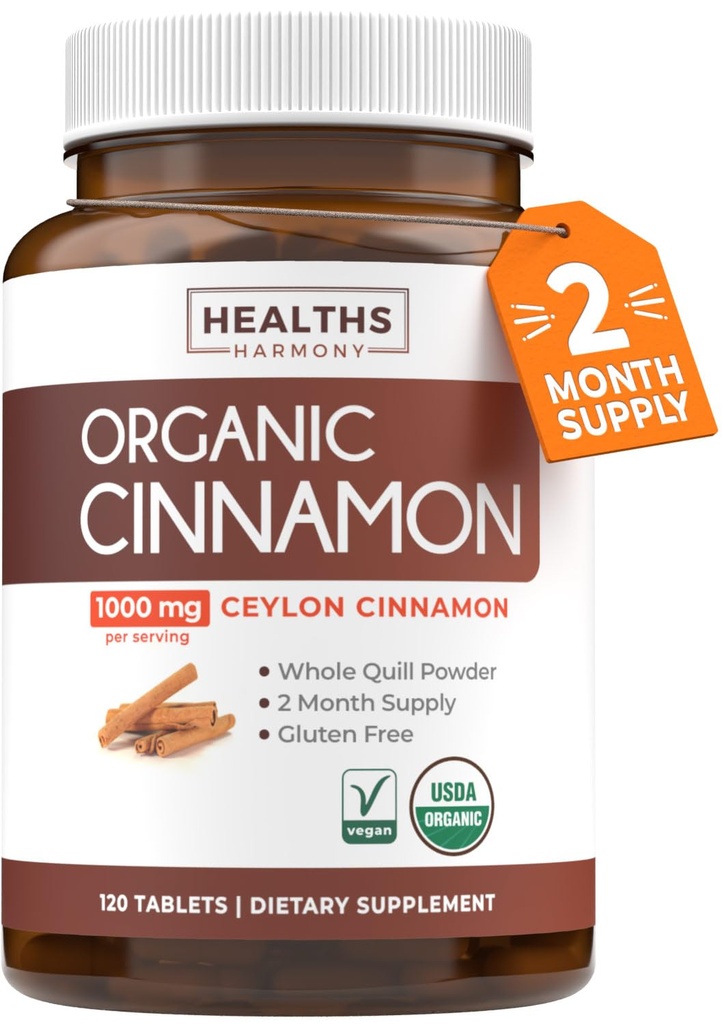 USDA Organic Ceylon Cinnamon Pills - High Potency Cylon Cinnamon Supplement med 1000 mg per servering til fuld Body Antioxidant Support - Vegan Non- GMO cGMP Made & Lab Verified (2 Months Supply)