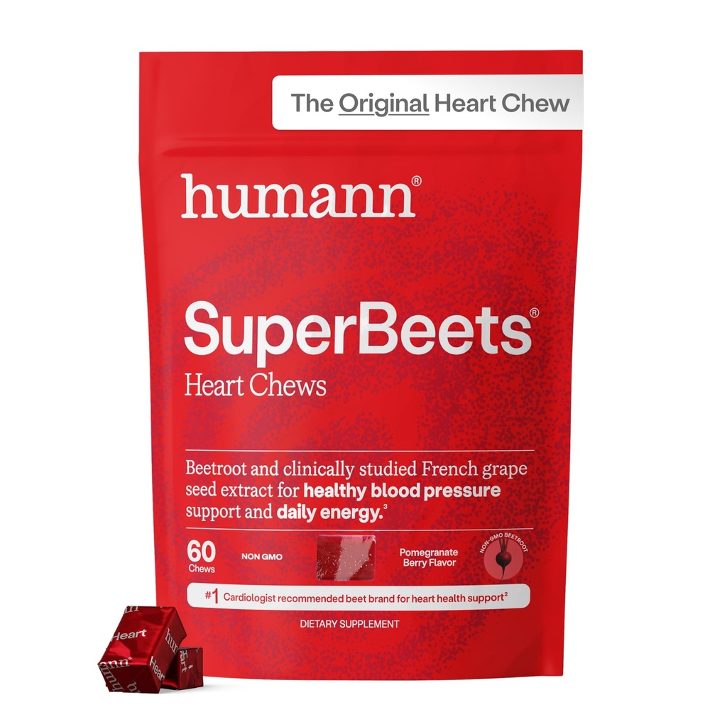 Humann SuperBeets Heart Chews, Nitric Oxide og Blood Pressure Support, Grape Seed Extract & Non- GMO Beet Root Powder Energy Supplement, Pomegranate Berry Flavor, 60 Greve