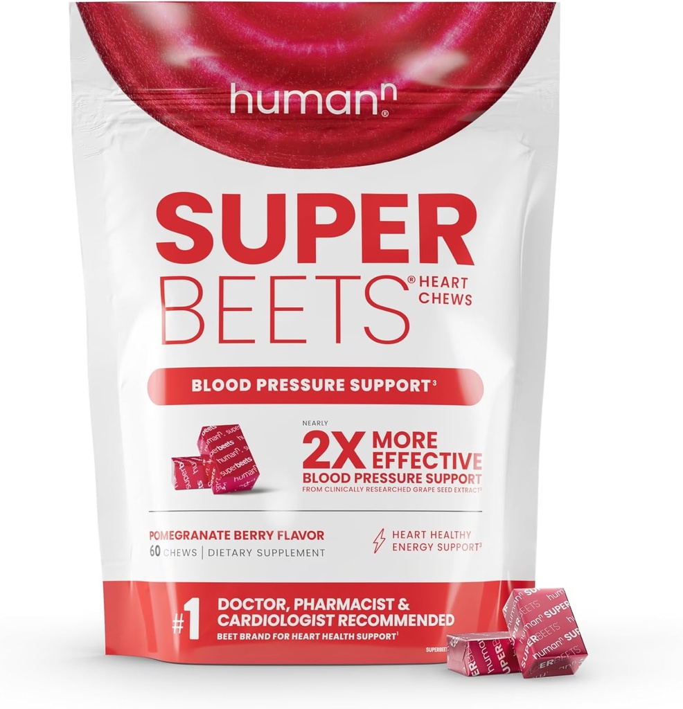 Humann SuperBeets Heart Chews, Nitric Oxide og Blood Pressure Support, Grape Seed Extract & Non- GMO Beet Root Powder Energy Supplement, Pomegranate Berry Flavor, 60 Greve