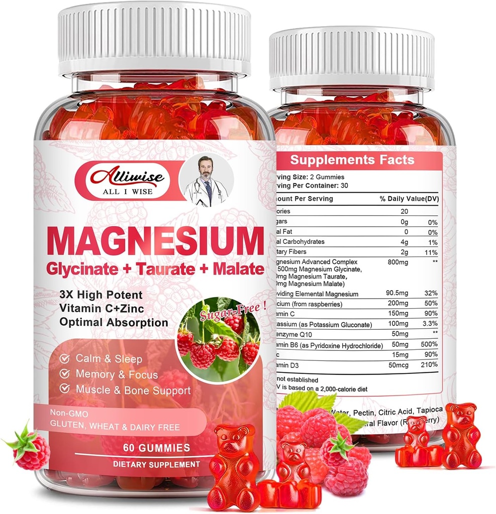 Magnesiumsupplement Complex Gummies, Sugar- Free Magnesium Glycinate 500mg til voksne og børn, med Taurat 200mg, Malat, Calcium, COQ10, Multivitamin til søvn, Heart & Bone Health