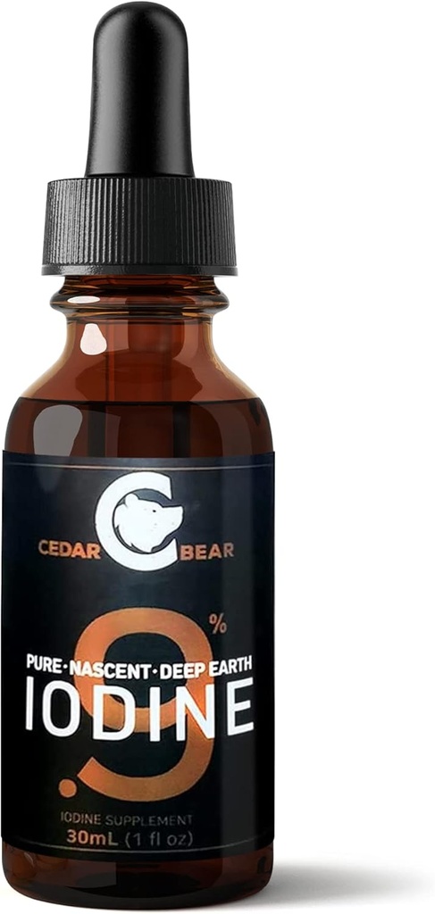 Cedar Bear - 0.9% Pure Nascent Deep Earth Iodine Supplement, All-Natural Thyroid Support and Metabolism Booster, Alcohol-Free Iodine Drops, Natural Iodine Liquid, 1 fl oz / 30 ml