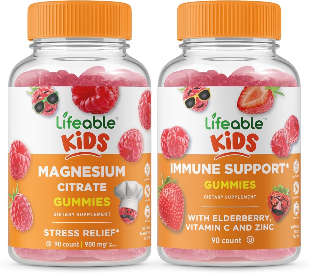 Lifeable Magnesium Kids + immunsupport Kids, Gummies Bundle - Great Tasting, Vitamin Supplement, Gluten Free, GMO Free, Chewable Gummy