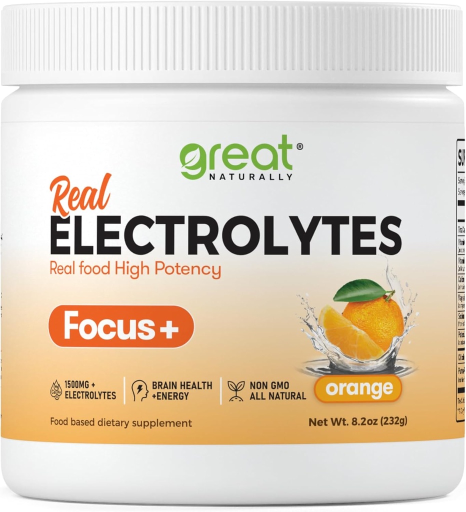 Focus+ Orange Nootropic Electrolyte: Hydration & Brain Support for Cognitive Enhancement, Memory, Concentration - Citicoline, Organic Caffeine, Methyl B12 - Made in USA