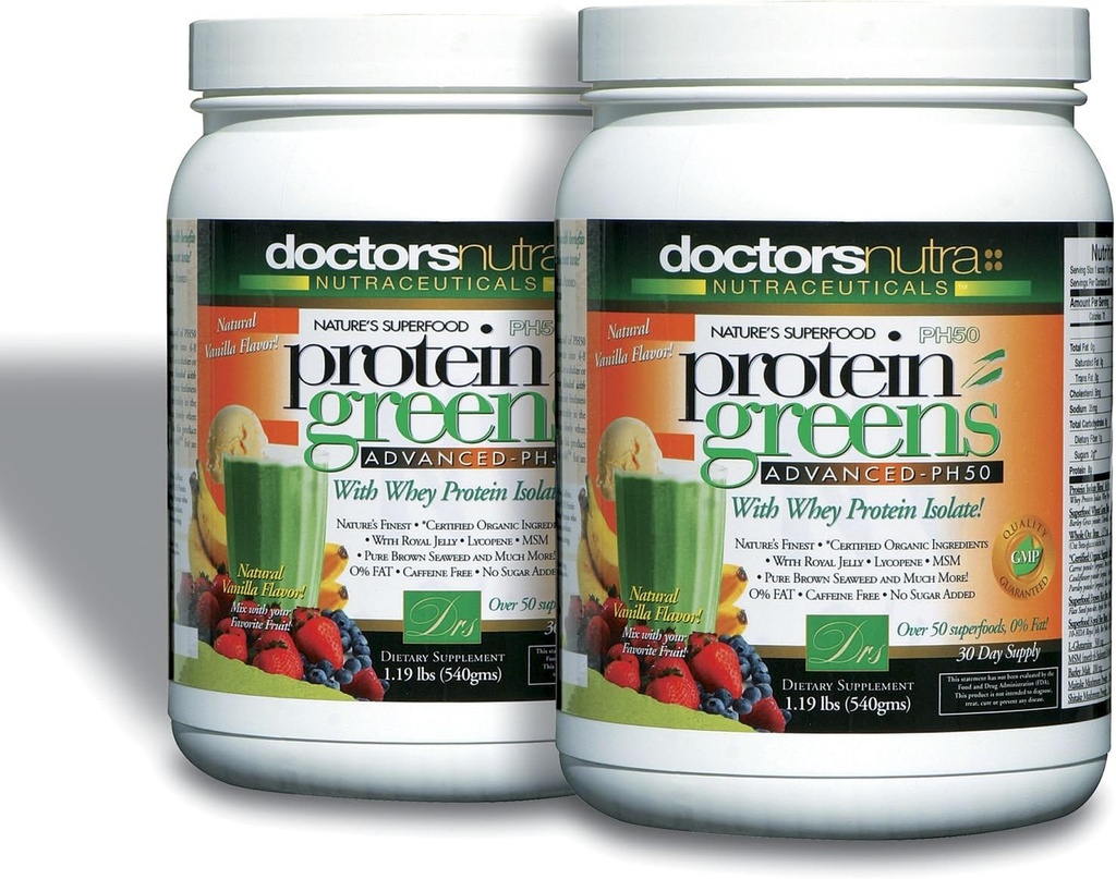 (Pack af 2) PH50 Protein Green drik med certificerede økologiske ingredienser af læger Nutra Nutracatives, 1,19 Pounds (540 Bedste) 50 Superfoods, fordøjelsesfremmende enzymer, Natural Vanilla Flavor