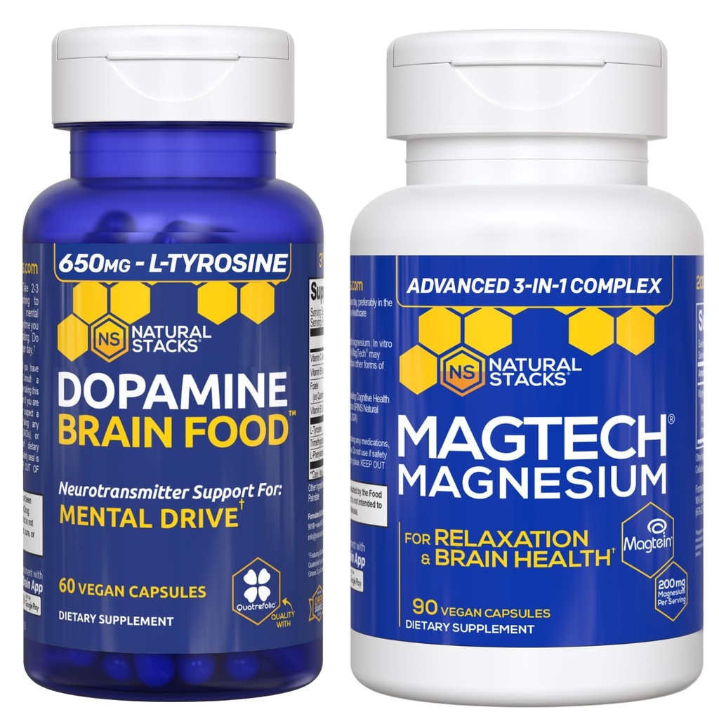 NATURLIGE STAKKER Dopamin Brain Food + Magtech Magnesium Bundle - Chelated Magnesium Complex - Understøtter Brain Health & Mental Drive * - 150 Total Kapsler