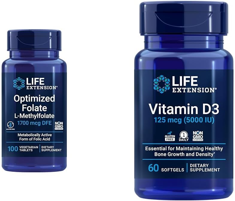 Life Extension Optimized Folate Heart & Brain Support Tablets and Vitamin D3 Bone, Brain & immunforsvar Softgels - 100 Tablets, 60 Softgels