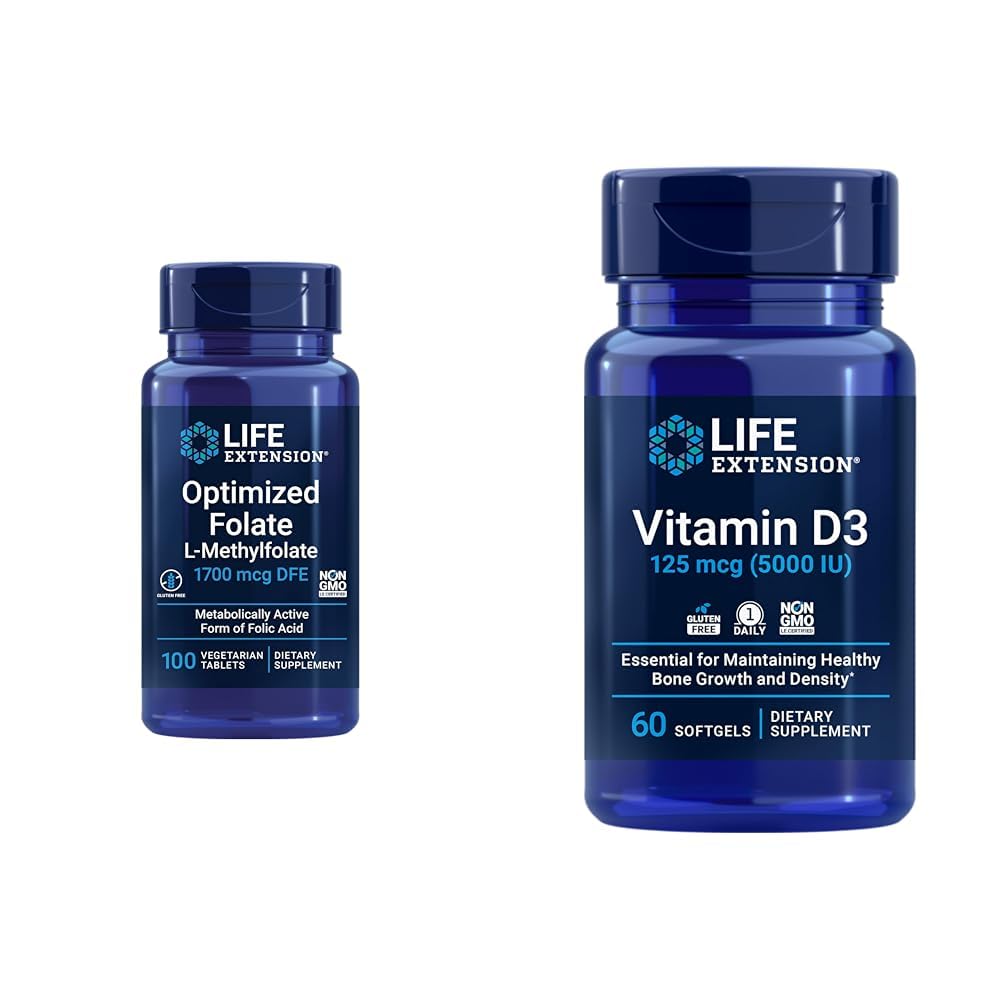 Life Extension Optimized Folate Heart & Brain Support Tablets and Vitamin D3 Bone, Brain & immunforsvar Softgels - 100 Tablets, 60 Softgels
