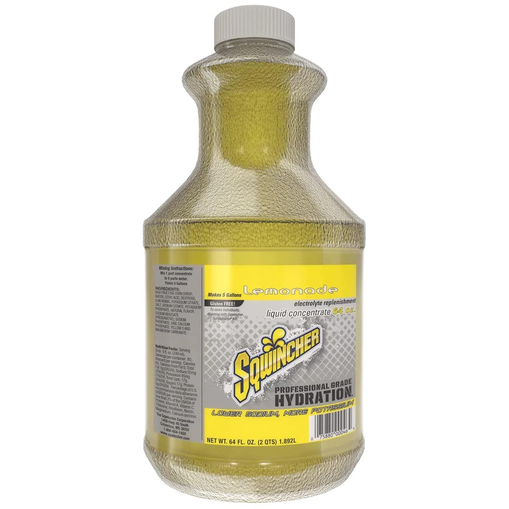 Sqwincher Liquid Concentrate | Lemonade Flavored | Low Calorie | Low Sodium | Electrolyte Replenishment Hydration Drink Mix | Makes 5 Gallons of Beverage | 64 oz (Pack of 6)