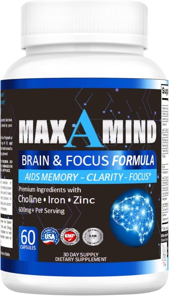 MaxAMind Brain Focus Formel - Premium Nootrop Brain Supplement, for mænd og kvinder - Coffeine-Free Focus Formel Kapsler for koncentration, hukommelse støtte, forbedre mental Klarhed og alerness