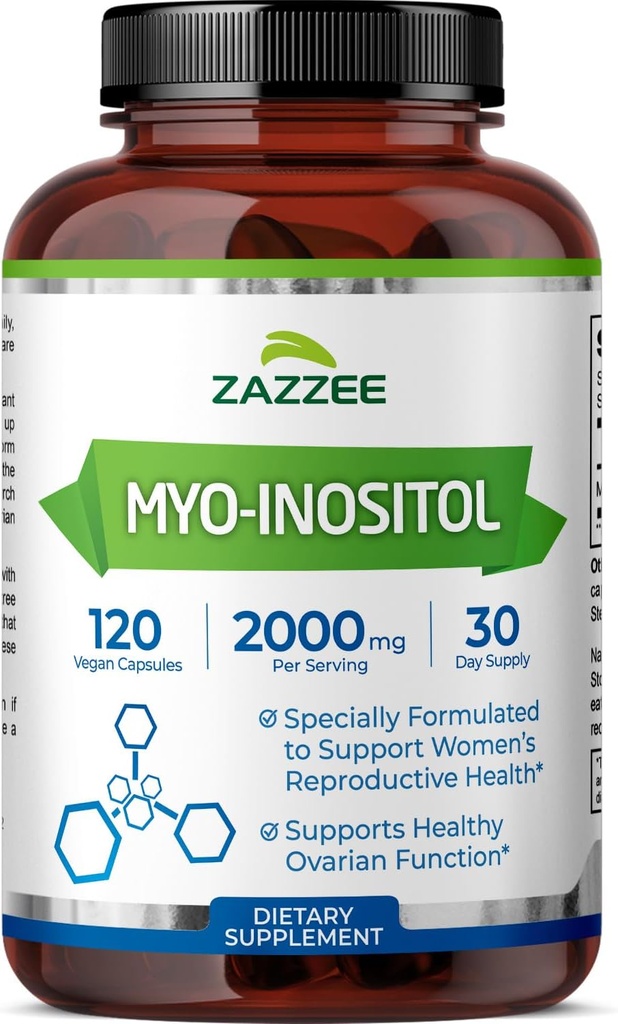Zazzee Myo- Inositol kapsler, 2000 mg per servering, 120 Veganske kapsler, Ideel dosering for 40: 1 Ratio, 100% Vegetar, Hormonbalance & Sund Ovarie Function Support, All- Natural og Non- GMO