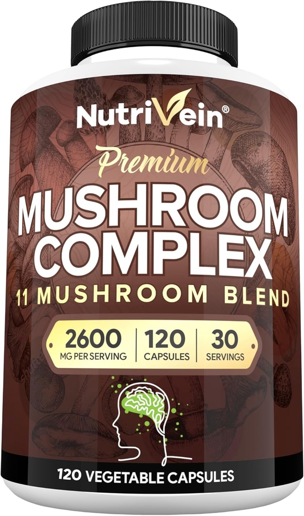 Nutropin Premium Mushroom Supplement 2600 mg- Flaske 120 Capsules- 11 Nootrop Mushroom Complex - Lions Mane, Cordyceps, Chaga, Reishi, Tyrkiet Tail, Maitake, Shiitake, Agaricus, White Button, Oyster