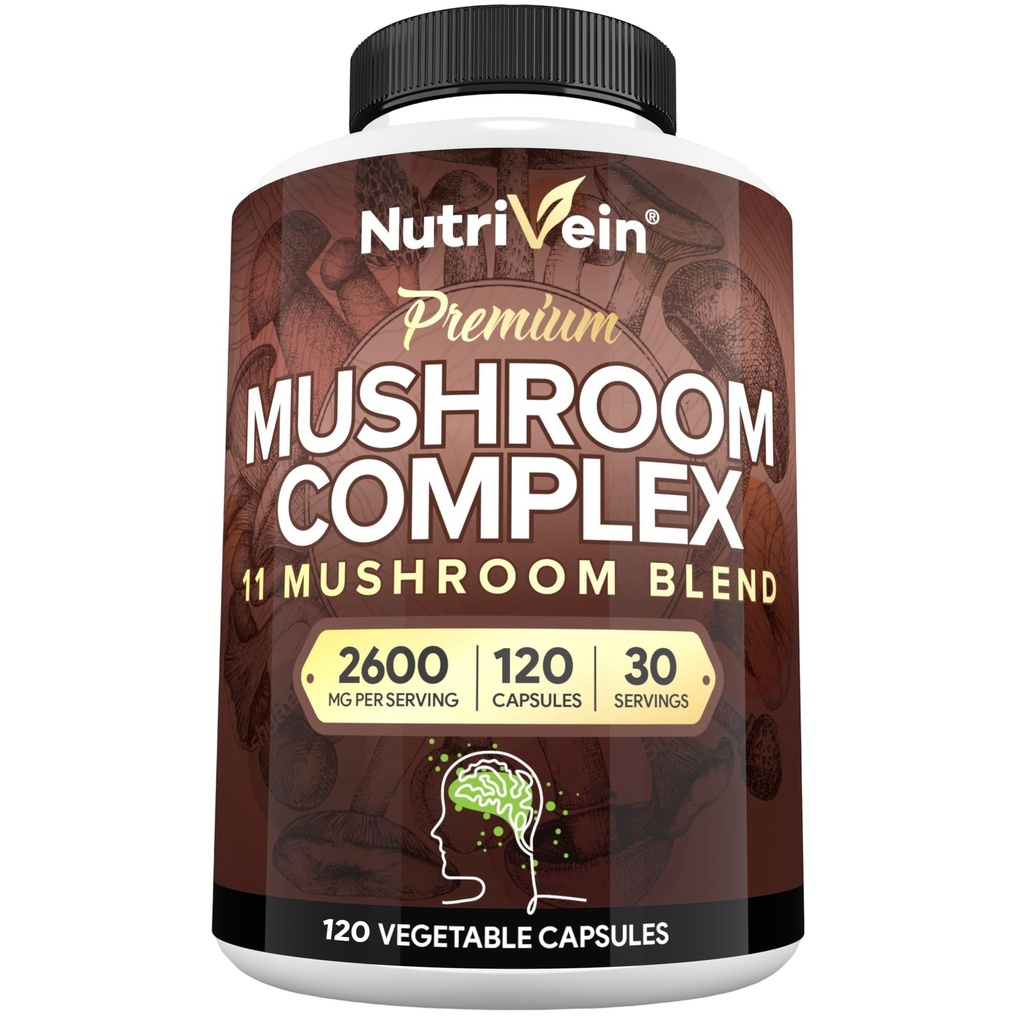 Nutropin Premium Mushroom Supplement 2600 mg- Flaske 120 Capsules- 11 Nootrop Mushroom Complex - Lions Mane, Cordyceps, Chaga, Reishi, Tyrkiet Tail, Maitake, Shiitake, Agaricus, White Button, Oyster