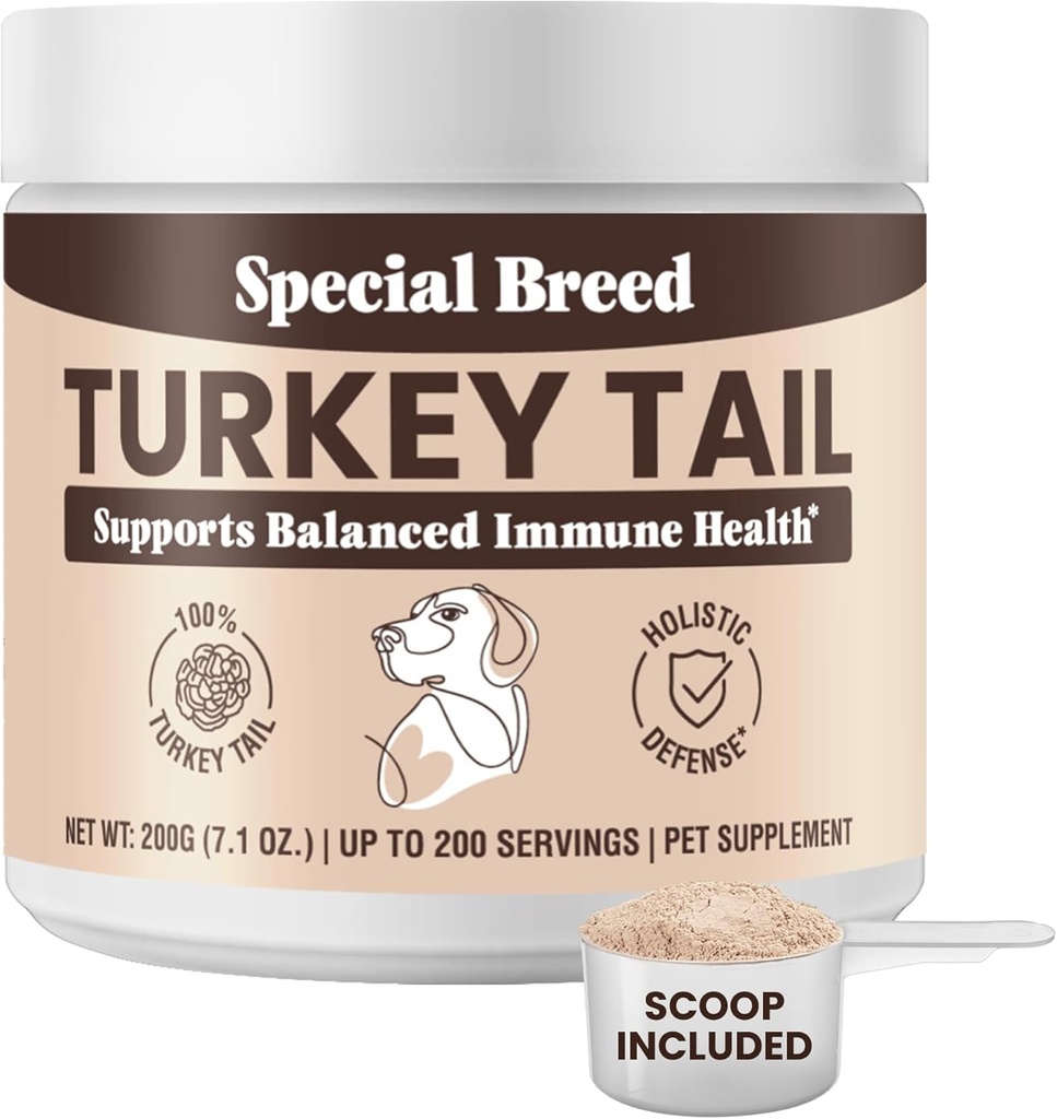 Tyrkiet Hale Mushroom for Hunde - Økologisk Tyrkiet Hale for Hunde Mushroom Powder for Respiratoriske, Immunitet, Fordøjelse - Lipoma Lumps and Bumps Supplement, No Fillers - 200 Bedste
