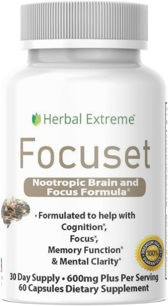 Focuset Nootropics Brain and Focus Formel. 90 Kapsler Dimethylaminoethanol (DMAE Bitartrate), L- Glutamin, L- Tyrosine, GABA, Bacopa og mere, White