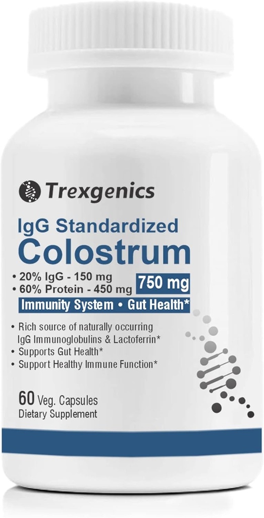 Trexgenics Colostrum 750 mg, 20% IgG, 60% Protein, Immunitet, Gut Health Support Vegetarian & Non- GMO (60 Veg. Kapsler) (pakning med 1)