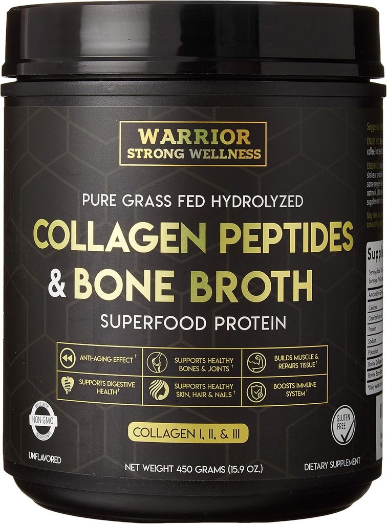 Premium Collagen Peptider Bone Broth Powder: Græs Fed Hydrolyzed Collagen Boost for sund hud, negle, hår, Joints, Muskler, Bones, fordøjelse, Keto Friendly, Unflavored