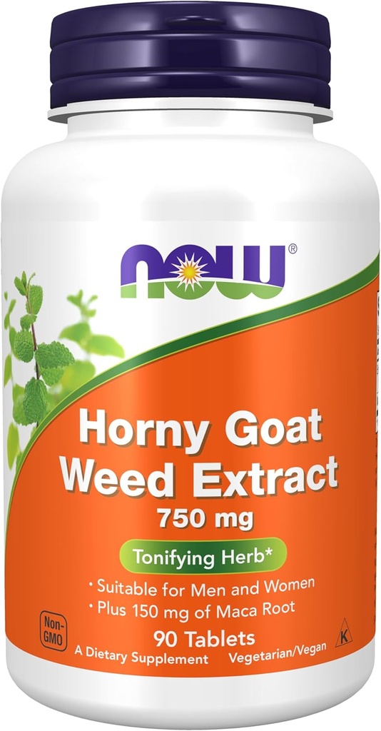 Now Supplements, Horny Geat Weed Extract 750 mg Plus 150 mg Maca Root, Tonifying Herb *, 90 tabletter