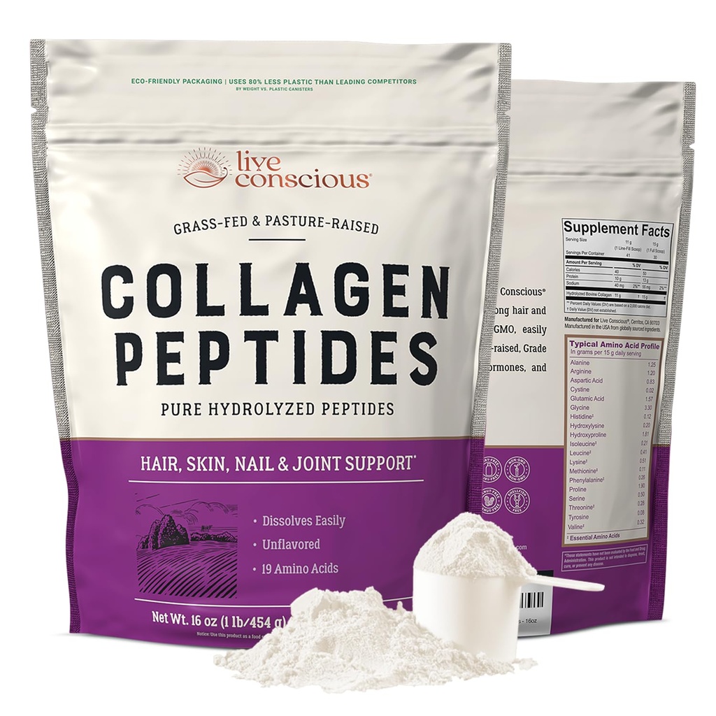Live Bevidsthed Collagen Peptider Pulver - Naturligt -Sourced Hydrolyzed Collagen Pulver - Hår, hud, negle og fælles støtte - Type I & III Grass- Fed Collagen Kosttilskud til kvinder og mænd - 16oz