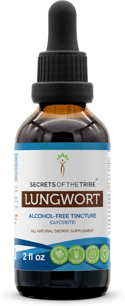 Secrets of the Tribe Lungwort Alkohol- Free Liquid Extract, Lungwort (Pulmonaria officinalis) Tørret blad tinktur Supplement 2 oz