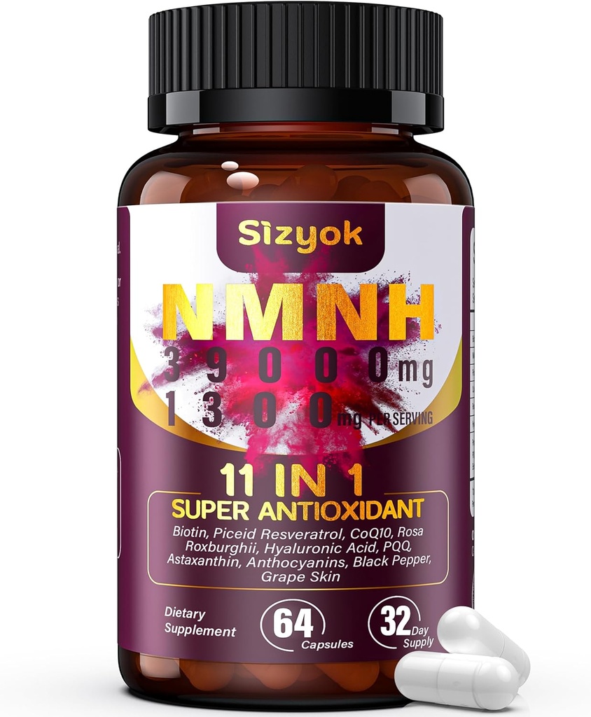 NMNH Supplement (Dihydronicotinamid Mononucleotid) 600 mg Supplement med Resveratrol, CoQ10, biotin og hyaluronsyre; Support Cellular Energy, Metabolisme & Skin Wellness, 64 kapsler