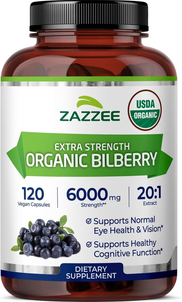 Zazzee USDA Organic Bilberry 20: 1 Extract, 6000 mg Strength, 120 Veganske Kapsler, 4 Måned Supply, Standardiseret og koncentreret 20X Extract, 100% Vegetar, All- Natural, Non- GMO, Made in The USA