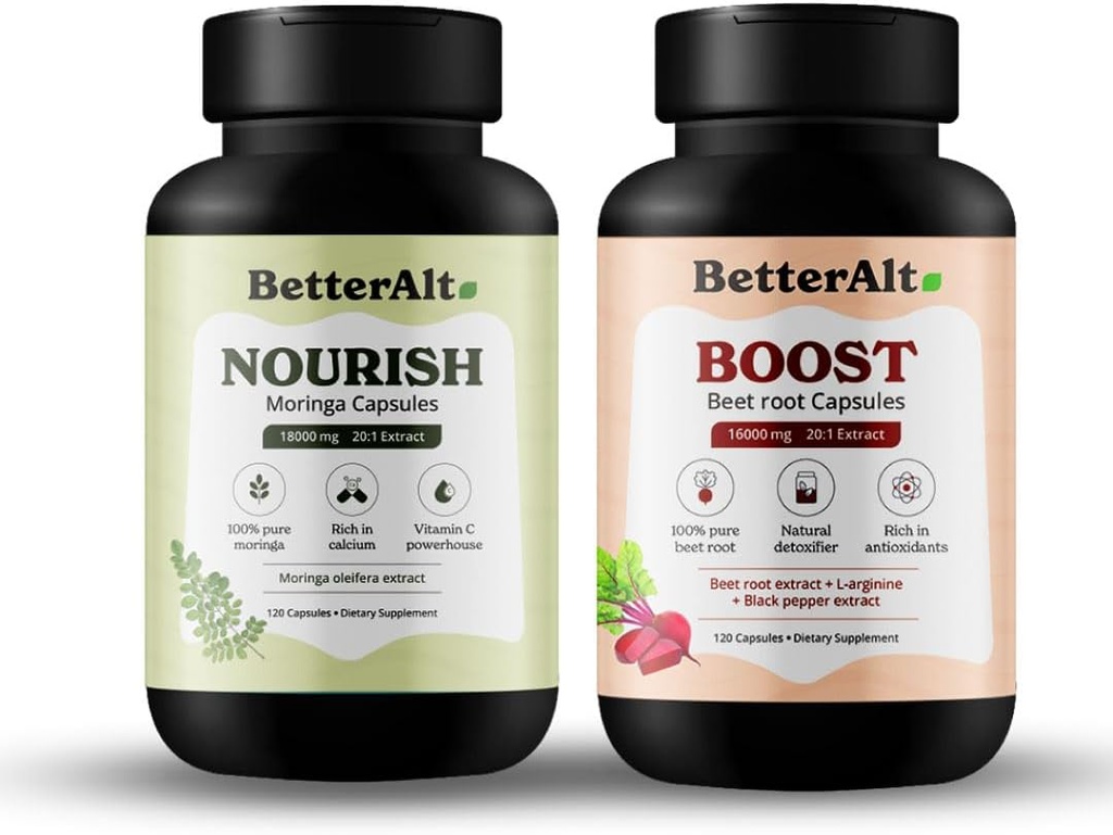 Bedre Alt Moringa & Beetroot Capsules Mea124; 100% Pure Moringa Leaf Powder Supplement & 100% Natural Beetroot Supplement Mea124; Rich in Calcium & Vitamin C