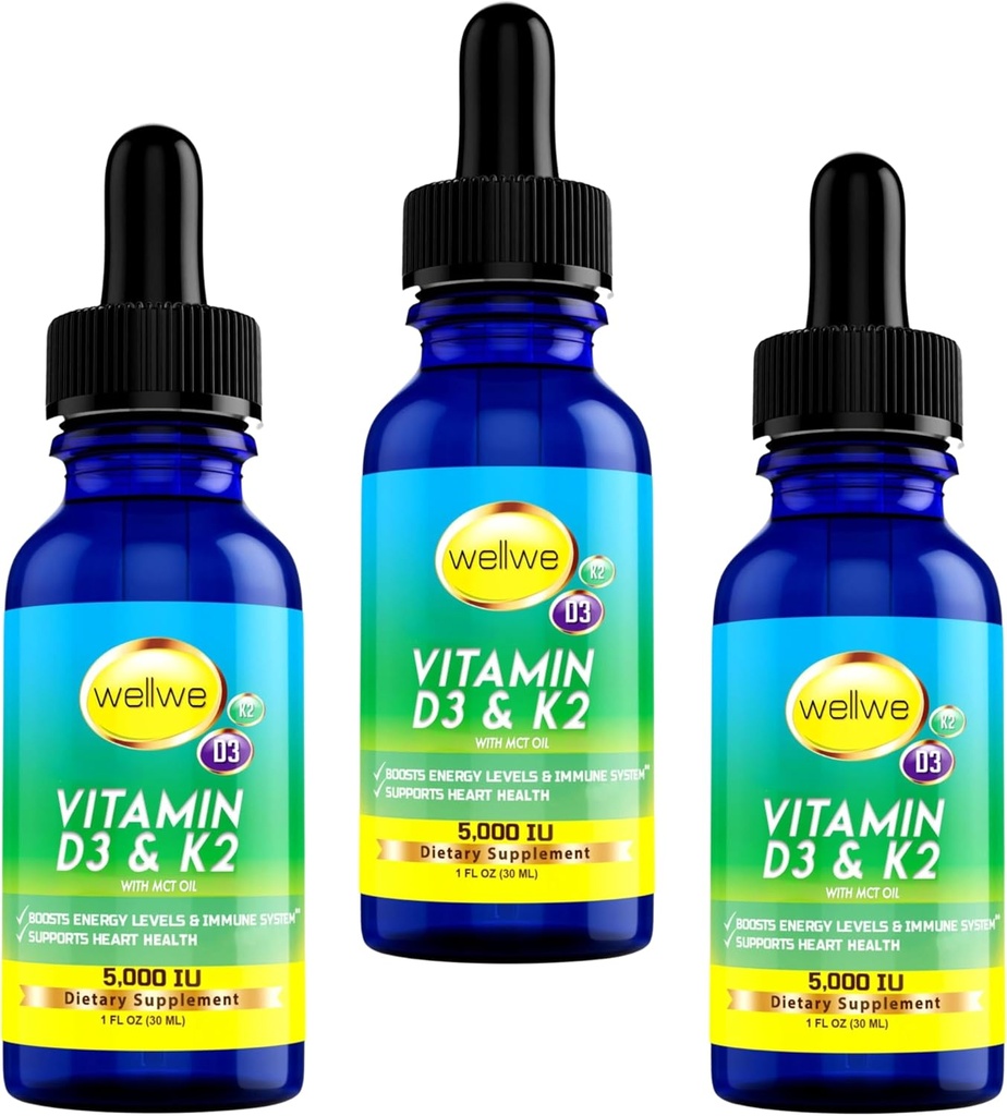Flydende D3 K2 dråber med MCT Oil 5000 IE - Vegan, Ingen smag, Ingen lugt, Soy- Free, Gluten Free, Non- GMO, 1000 IE per dråbe, øger energi & immunsystem (3 Pack)