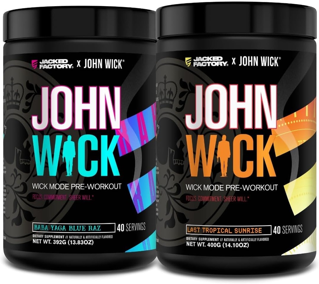 Jacked Factory X John Wick - Wick Mode Pre Workout Powder - Intense Energy, Battle- Ready Focus, Ustoppelig engagement, og Sheer Will - Baba Yaga Blue Raz & Sidste Tropical Sunrise