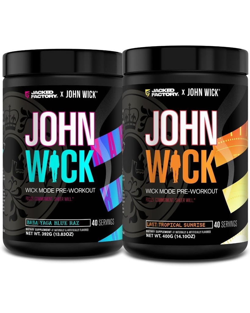 Jacked Factory X John Wick - Wick Mode Pre Workout Powder - Intense Energy, Battle- Ready Focus, Ustoppelig engagement, og Sheer Will - Baba Yaga Blue Raz & Sidste Tropical Sunrise