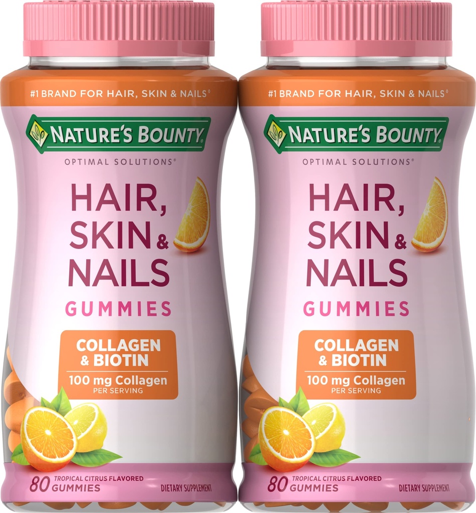 Nature 's Bounty Biotin and Collagen, Citrus-Flavored Gumies, 80 Ct (2 Pack)