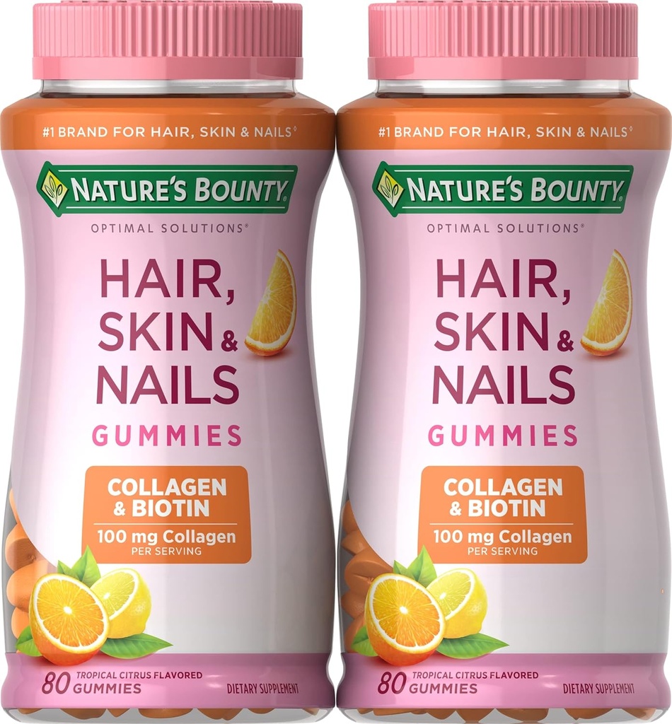 Nature 's Bounty Biotin and Collagen, Citrus-Flavored Gumies, 80 Ct (2 Pack)