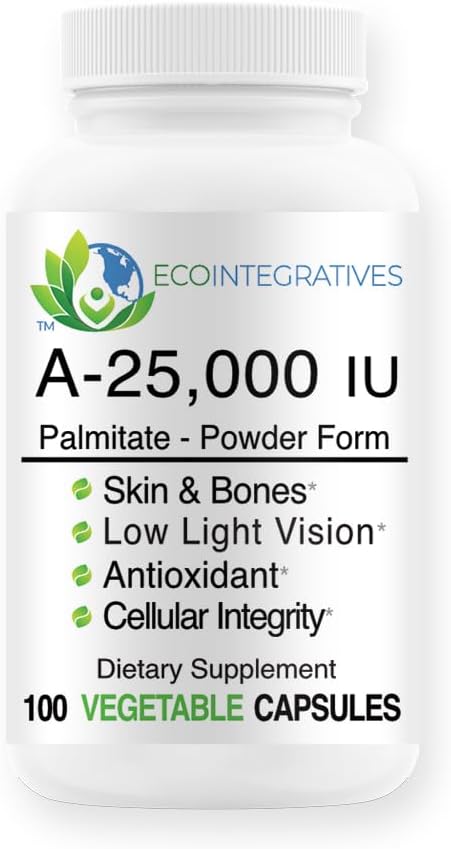 A- 25.000 iu Palmitat Vegan, Pulver Form (100 kapsler) Non- GMO, Understøtter lav lys Vision, immunforsvar, Cellular Integrity of Skin & Bones, Antioxidant